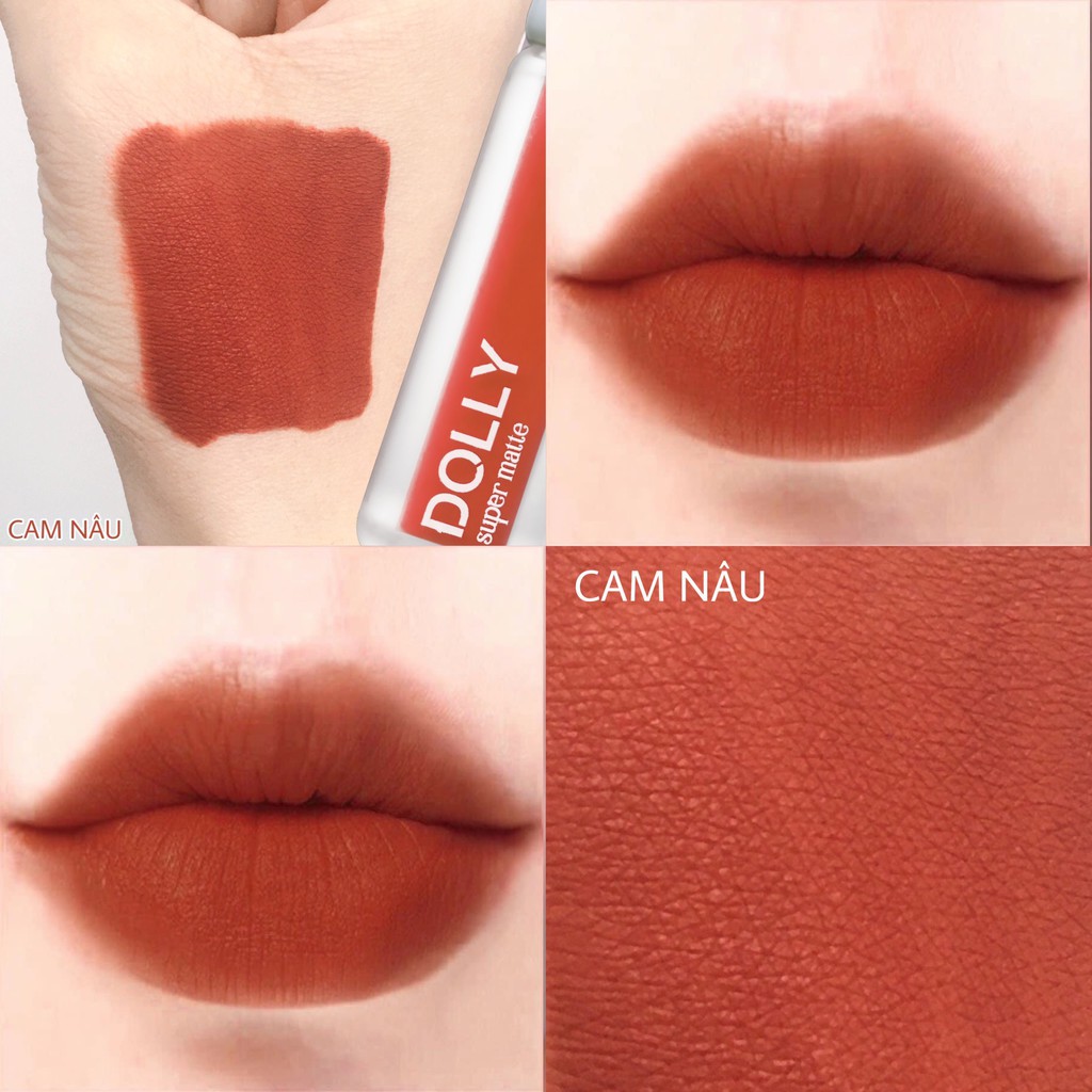 Son kem lì màu cam nâu Dolly super matte, son kem lì không chì bền màu lâu trôi, mua 2 cây tặng 1 hộp đựng cao cấp