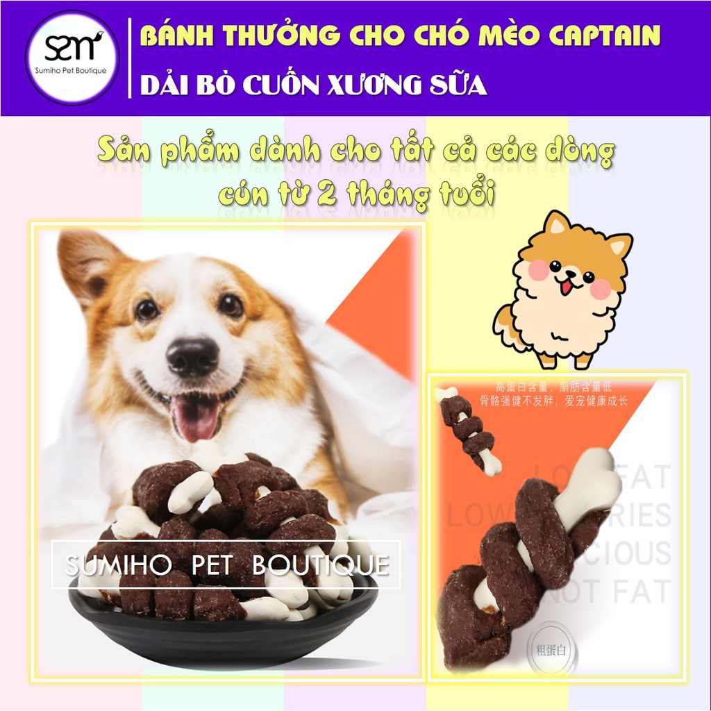 [Mã PETWOW giảm 8% đơn 250K] Bánh thưởng cho chó Captain (Bò cuốn xương sữa) (100gr/6-8 cây nhỏ)