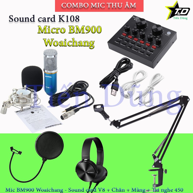 Mic Thu Âm Karaoke BM900 Woaichang và Sound Card V8 có Bluetooth Đi kèm Chân Kẹp Màng Lọc.