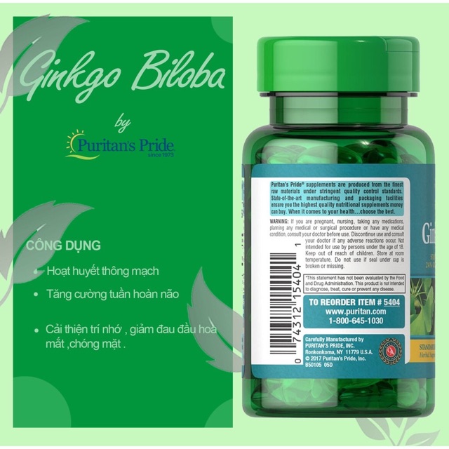 [Puritan's Pride] Viên uống tuần hoàn não ,bổ não Ginkgo Biloba 120 mg- 100 viên