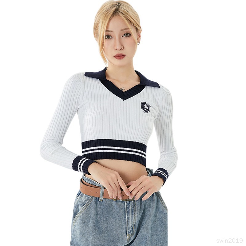 Áo Croptop Dệt Kim Tay Dài Dáng Ôm Màu Tương Phản Kiểu Hàn Quốc Xinh Xắn Cho Bạn Gái