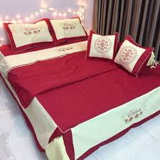 Set 3 Món Ga Phủ Và 2 Vỏ Gối Cotton Satin Trần Bông Hàng Màu Thêu Siêu Đẹp