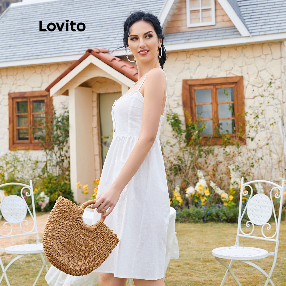 (Gợi ý từ KOL) Đầm Lovito cổ chữ V cài nút phối túi màu trơn đơn giản L12018 (Màu trắng)