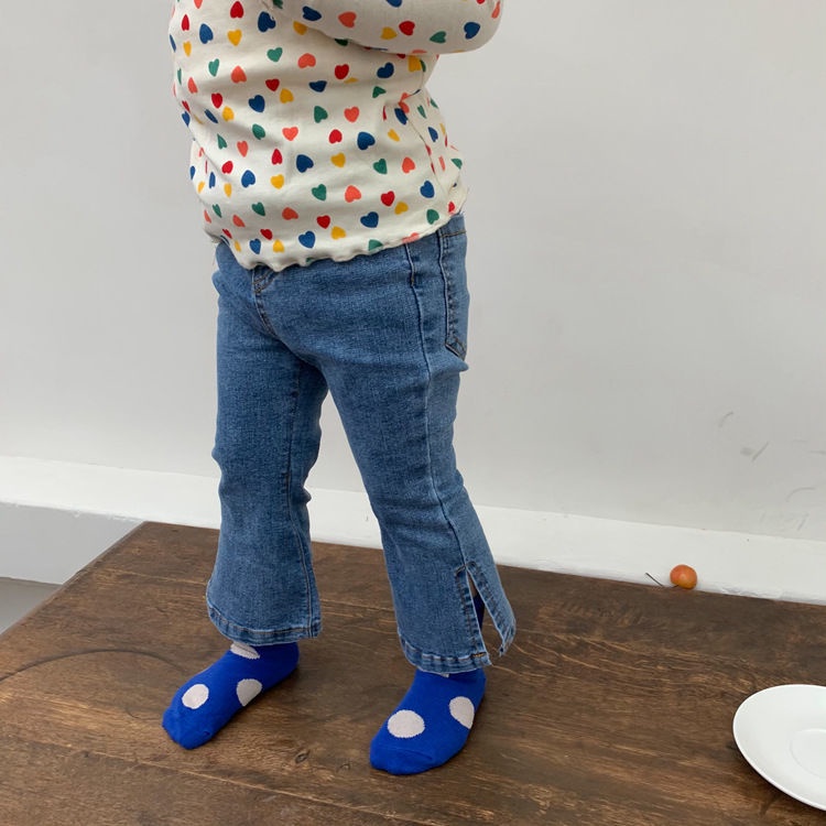 [Babycat] Hàng Có Sẵn Quần Jean Ống Loe Xẻ Tà Siêu Nhỏ Phong Cách Hàn Quốc Nhật Bản Mới 2022 Phong Cách Phương Tây Cho Bé Gái