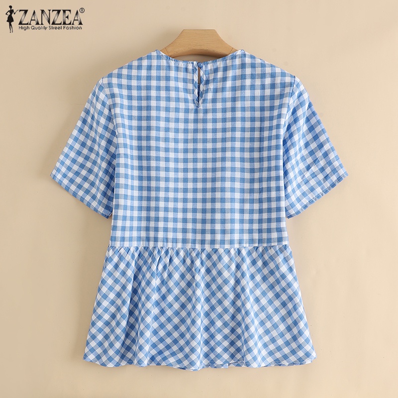Zanzea Áo Sơ Mi Tay Ngắn Viền Bèo Họa Tiết Sọc Caro Phong Cách Châu Âu Thời Trang