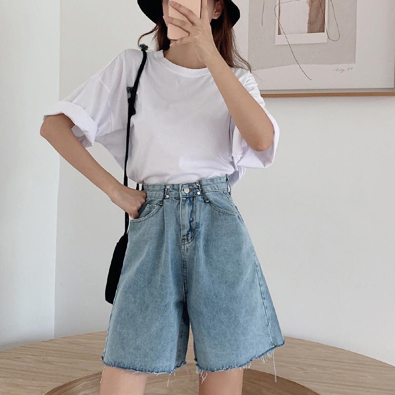 Quần Jeans Lửng Đùi Nam Nữ Màu Xanh Nhạt Gài Khuy Điều Chỉnh Eo Ống Rộng Phong Cách Ulzzang Chất Jean Loại 1i