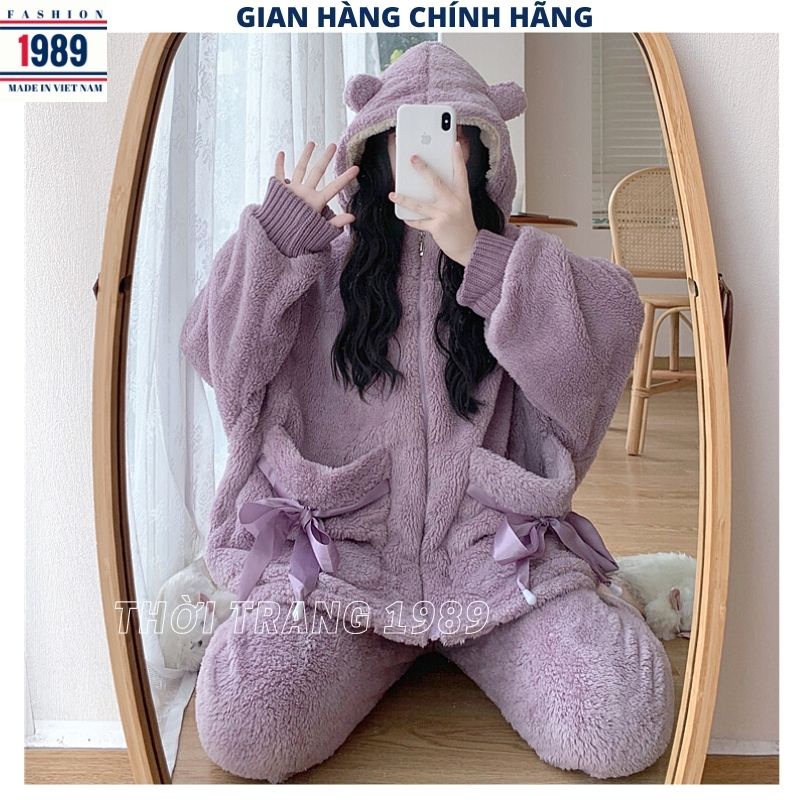 Bộ đồ mặc nhà lông cừu ấm áp nơ túi 2 mầu tím hồng ,bộ ngủ lông gấu nữ kute dễ thương -PHƯƠNG 1989