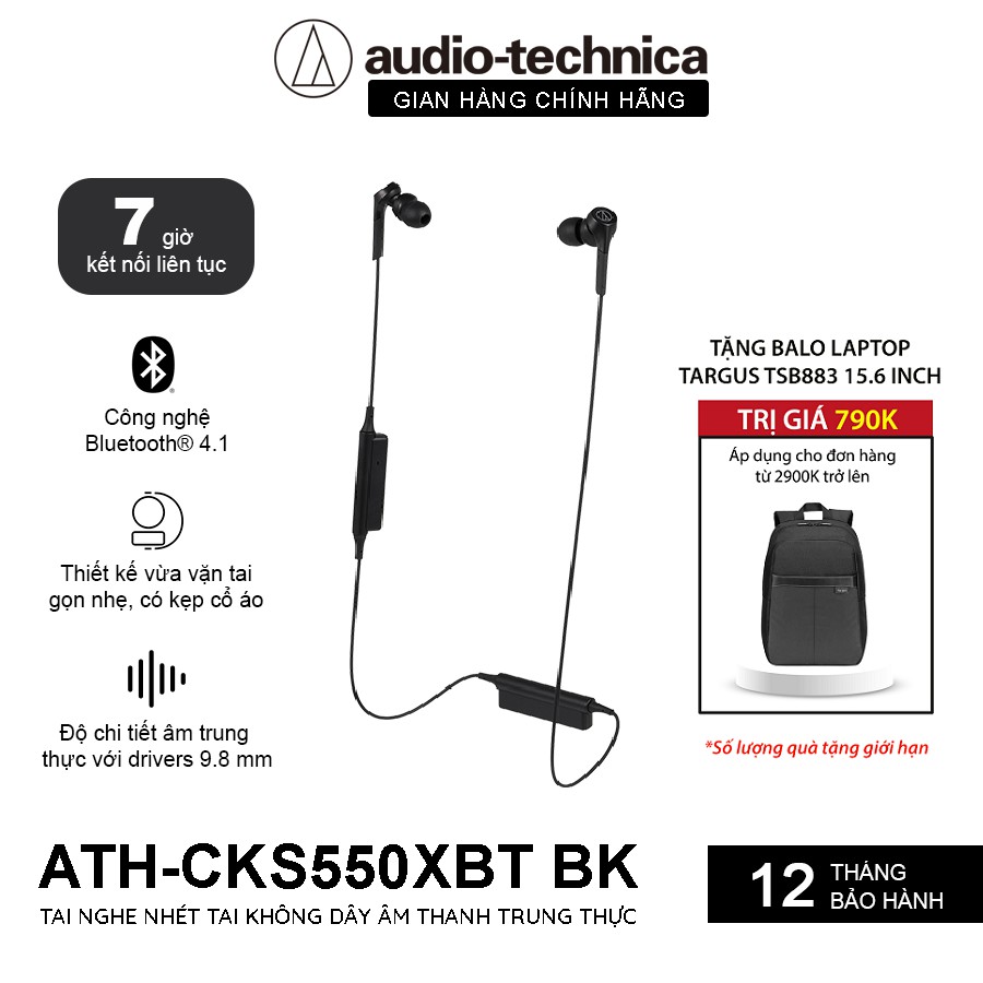 Tai Nghe Bluetooth Nhét Tai inear Audio Technica Solid Bass ATH-CKS550xBT - Hàng Chính Hãng