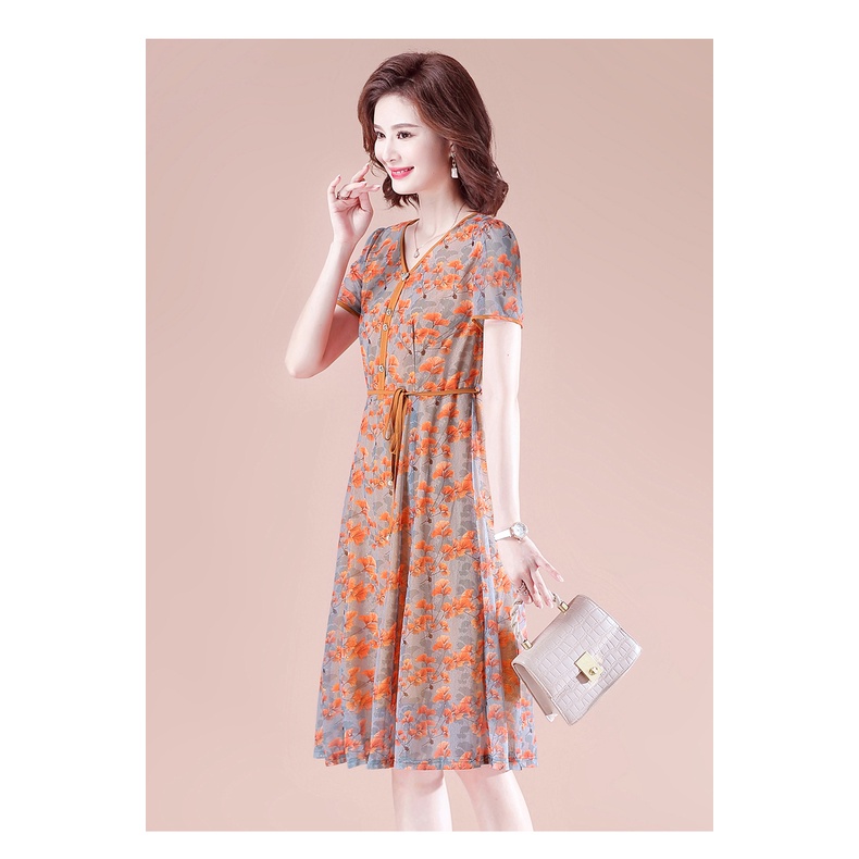 Đầm Lưới Tay Ngắn Cổ Chữ v In Họa Tiết Hoa Thời Trang Mùa Hè Dành Cho Nữ Trung Niên 40 Tuổi