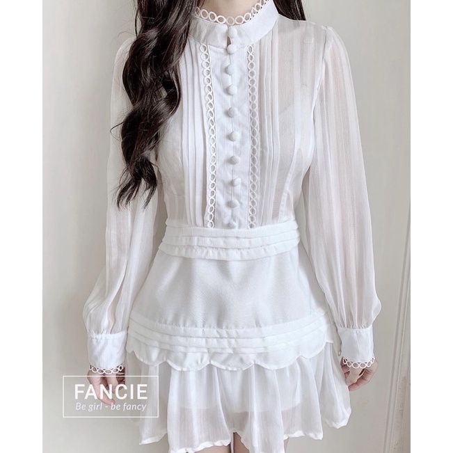 Váy trắng midi ren phối nút bọc dáng xòe phong cách vintage váy trắng hở lưng - lien