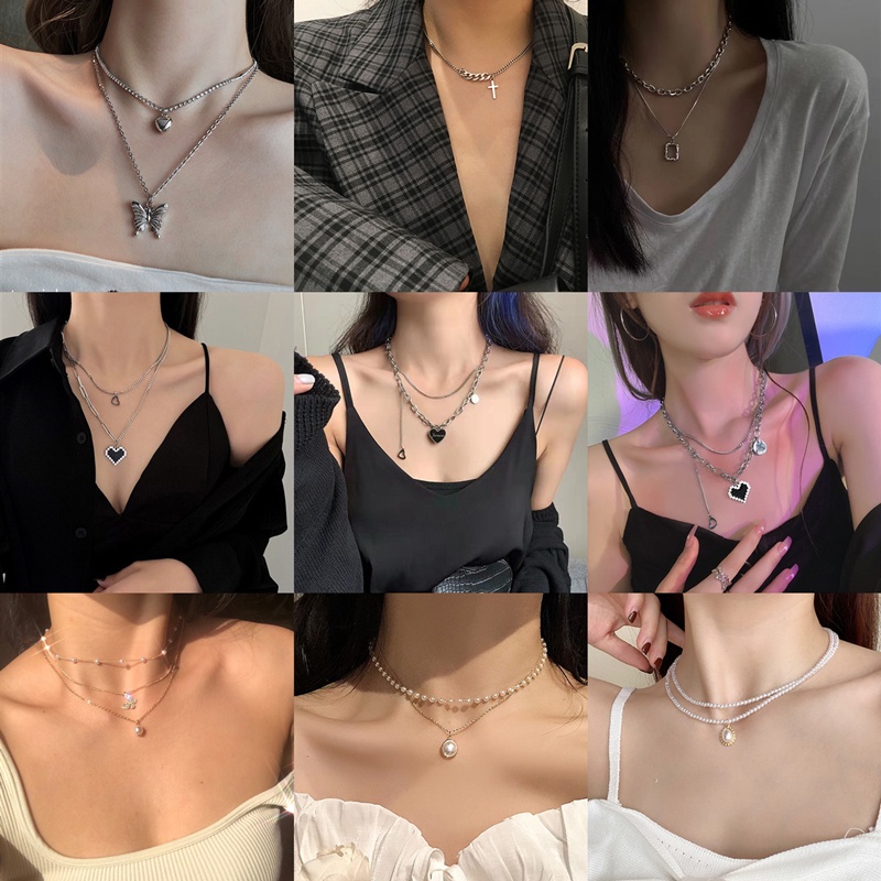 Vòng cổ Mặt Trái Tim/Bướm Đính Ngọc Trai/Đá Thời Trang Hàn Quốc Cho Nữ