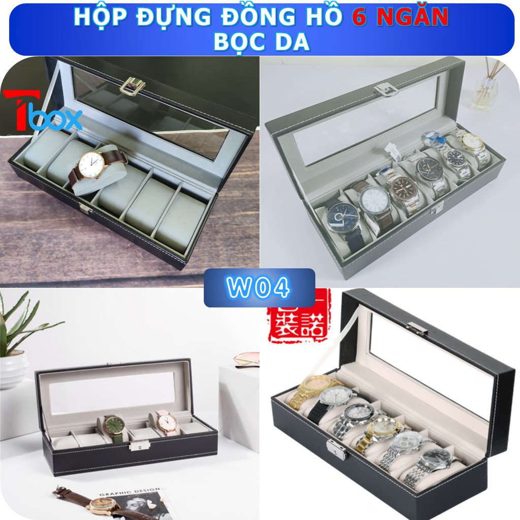 Hộp đựng đồng hồ 6 ngăn bằng da mặt trên kính để trưng bày đồng hồ