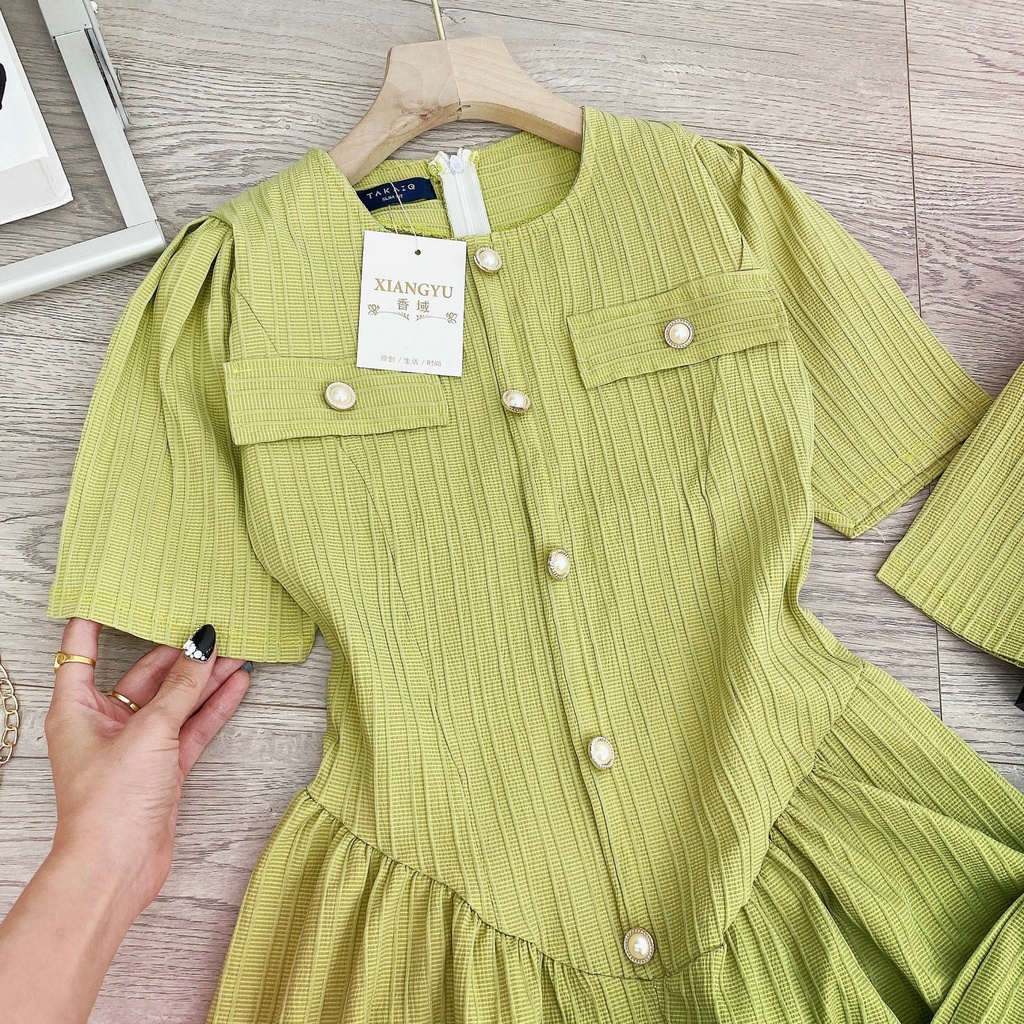 Váy Xanh Bơ Chất Gân Đũi Thiết Kế Eo Cách Điệu Cúc Ngoc Dáng Dài Và Ngắn Siêu Xinh