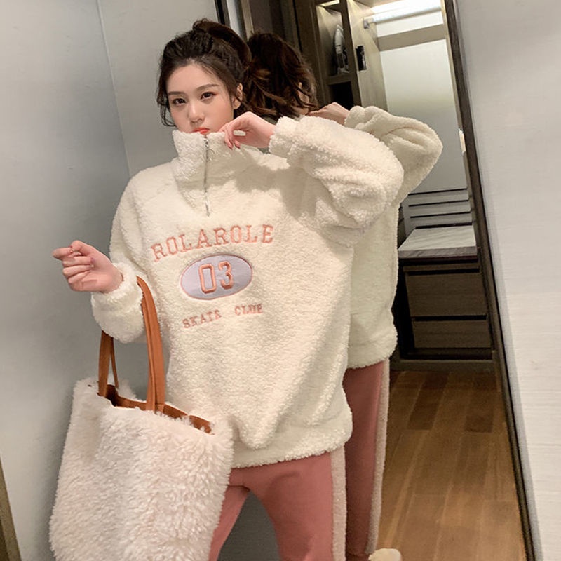 Áo Sweater cổ cao dáng rộng lót nhung dày dặn giữ ấm thời trang thu đông cho nữ