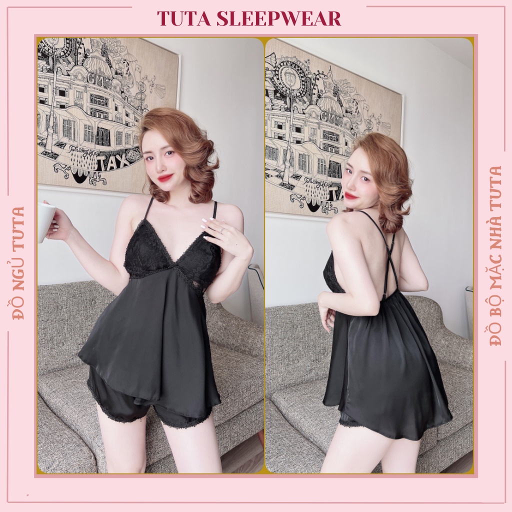 Bộ ngủ 2 dây phối ren gợi cảm TUTA đồ bộ mặc nhà sexy lưng đan chéo - dn010