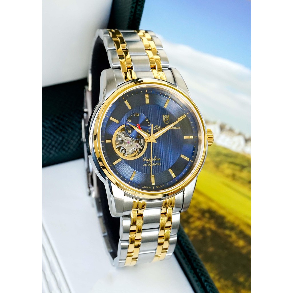 Đồng hồ nam dây kim loại mặt kính chống xước Automatic Olym Pianus OP990-163 OP990-163AMSK xanh