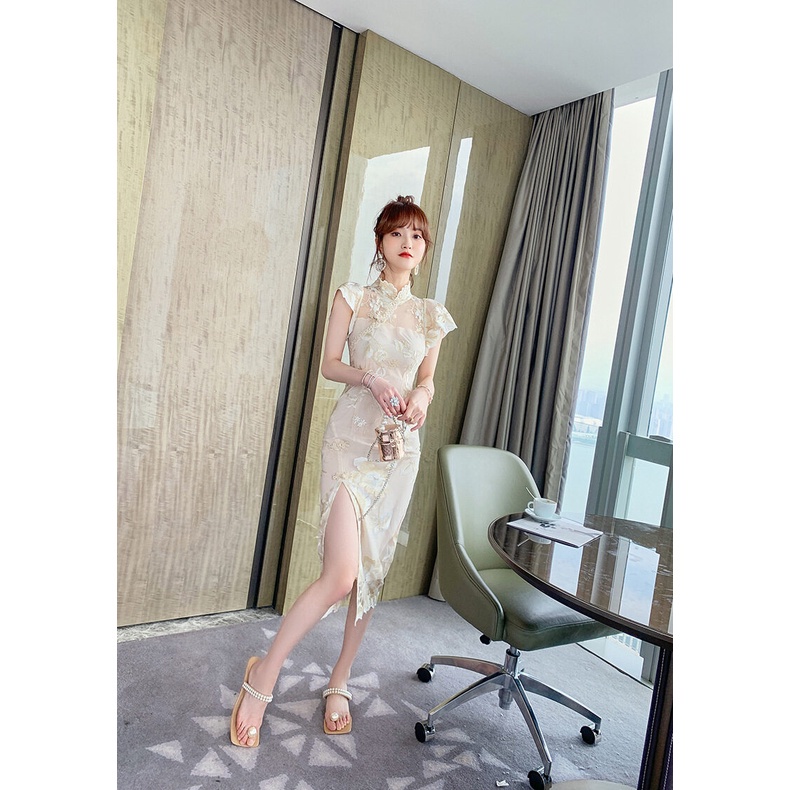 ZYHT Sườn Xám Đầm Tay Ngắn Phối Ren Thêu Họa Tiết Phong Cách Trung Hoa Cổ Điển Thời Trang Mùa Hè 4848