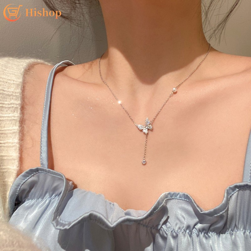 Vòng cổ Mạ Bạc Mặt Hình Bướm Đính Đá Pha Lê Đơn Giản