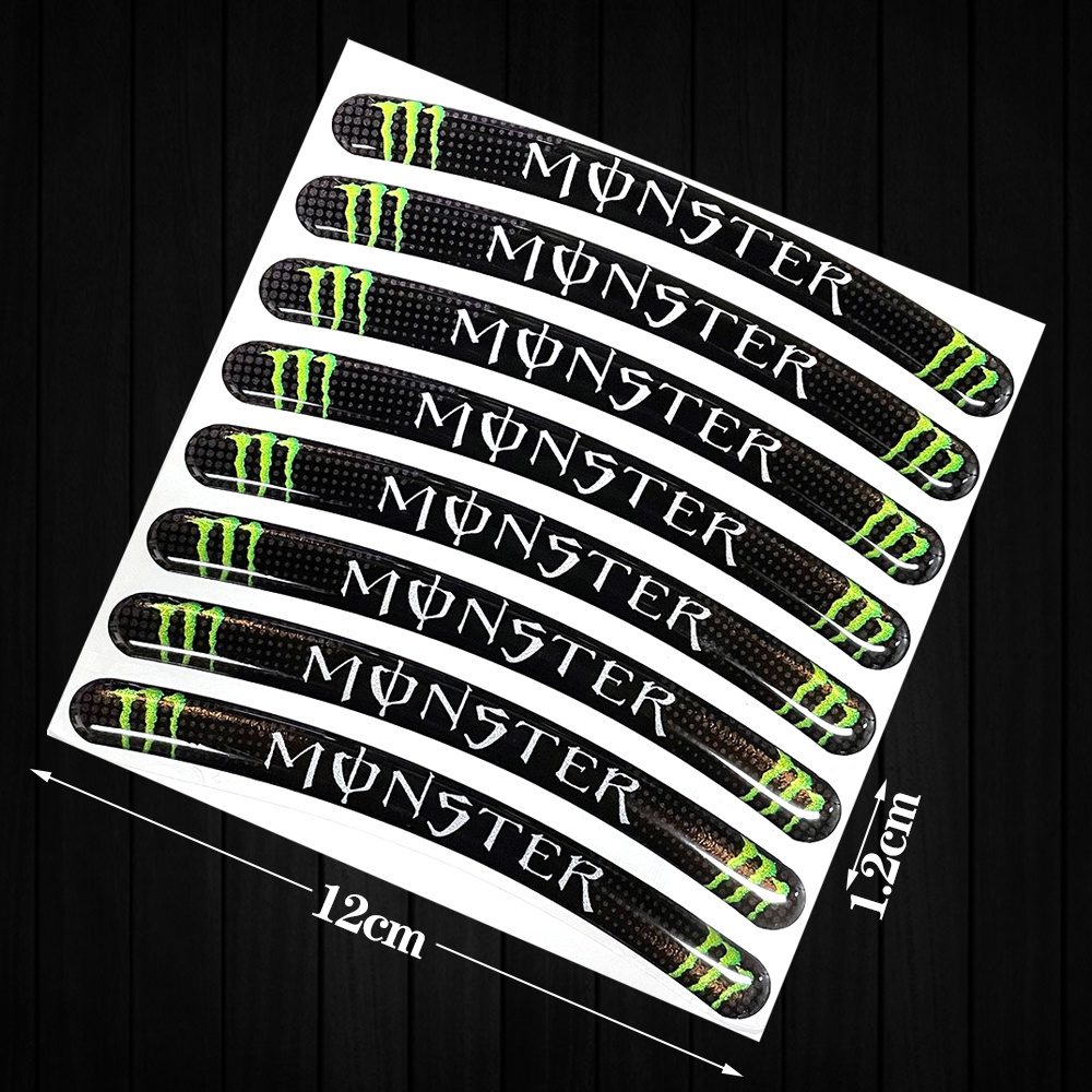 Bộ 8 Miếng Dán 3D Trang Trí Vành Bánh Xe Mô Tô Honda Yamha Monster Energy Series 12 14 16 17 18 19 20 21 Inch
