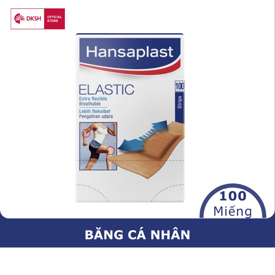 Băng cá nhân Hansaplast Elastic gói 100 miếng, bằng vải co giãn và cực kỳ thoáng khí, thương hiệu số 1 của Đức