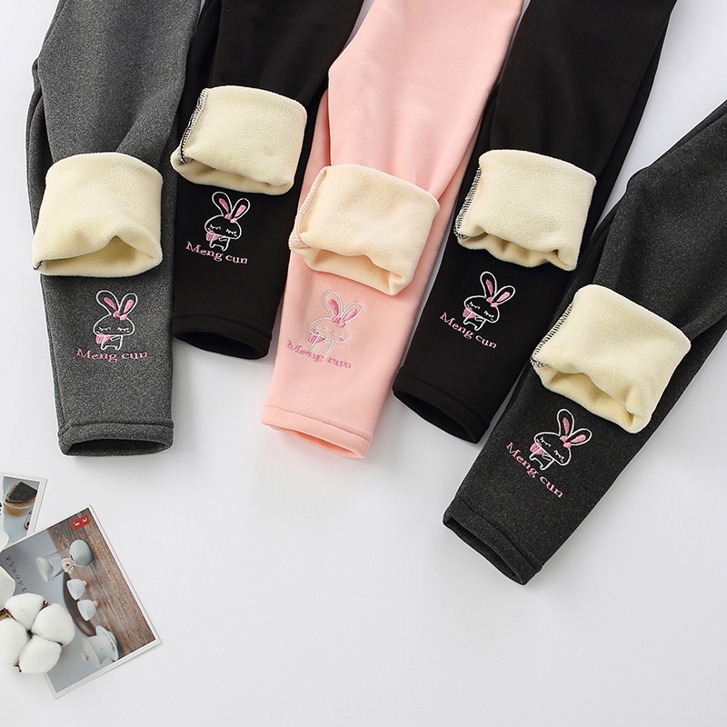 Quần Legging Lưng Cao 90-140cm Lót Lông Cừu Dày Dặn Thêu Họa Tiết Chú Thỏ Phong Cách Hàn Quốc Thời Trang Thu Đông Cho Bé Gái