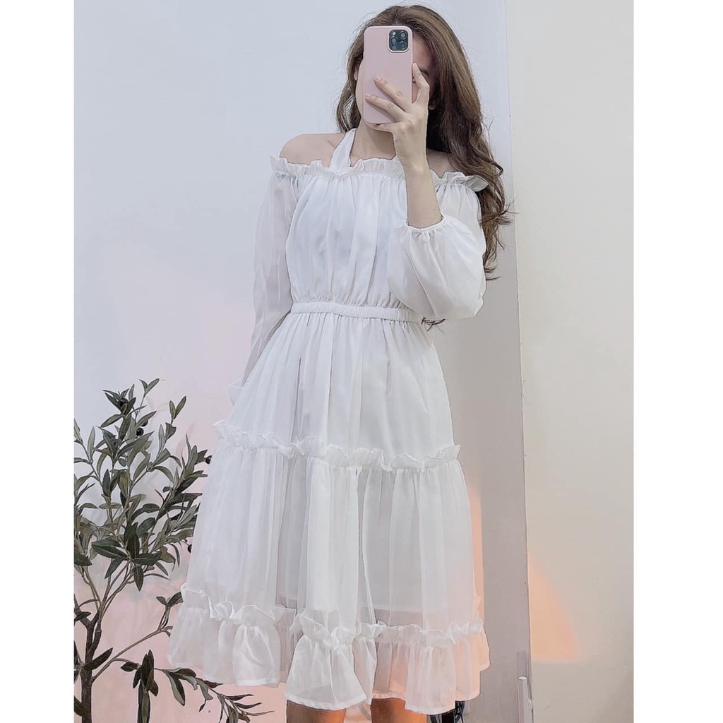 VÁY VOAN TRẮNG TRỄ VAI DÀI TAY TIỂU THƯ SANG CHẢNH