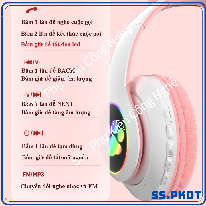 Tai nghe mèo bluetooth ,tai nghe chụp tai,headphone  có mic âm bass hay mạnh  sử dụng được 10h  bảo hành 6 tháng