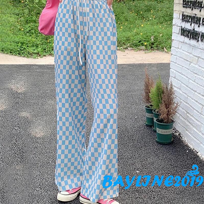Quần dài ống suông lưng thun dây rút họa tiết kẻ sọc có thể điều chỉnh dành cho nữ