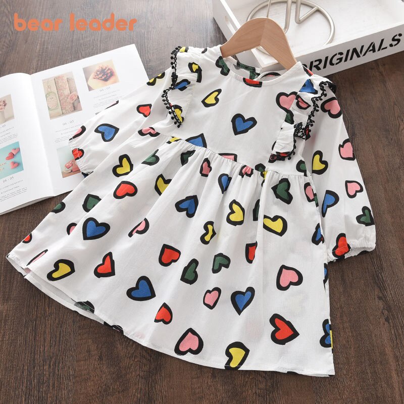 Đầm phối bèo Bear Leader in họa tiết trái tim phong cách mùa thu cho bé gái 2-7 tuổi