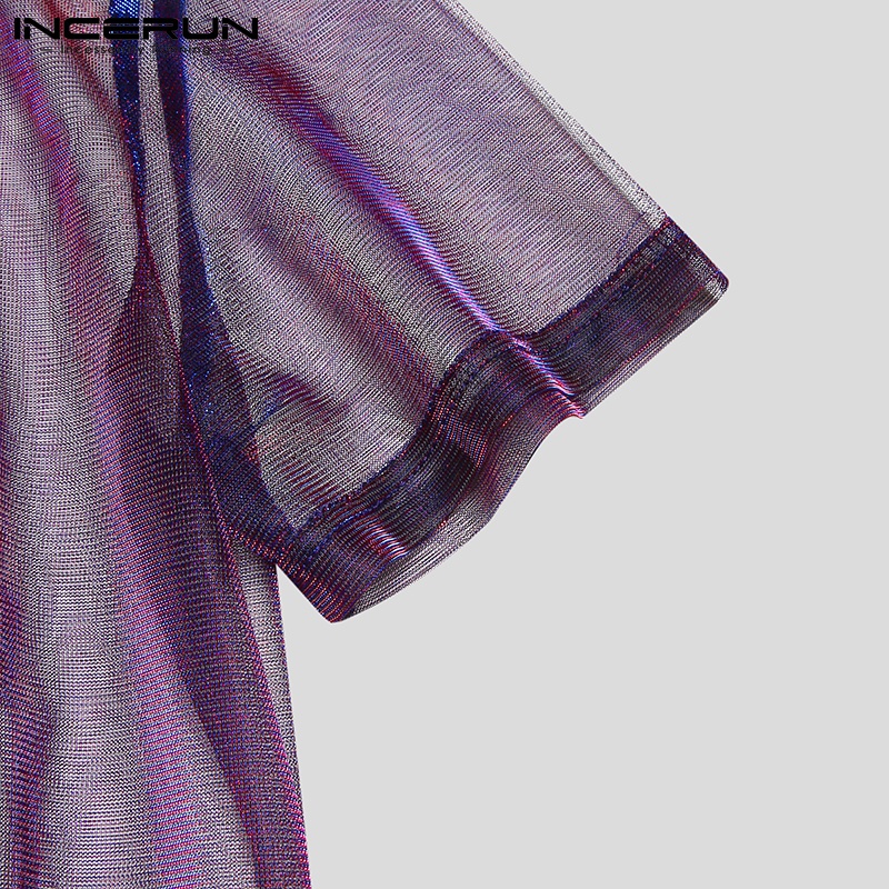 Áo kiểu INCERUN ngắn tay vải mềm mại xuyên thấu sáng bóng quyến rũ thời trang cho nam