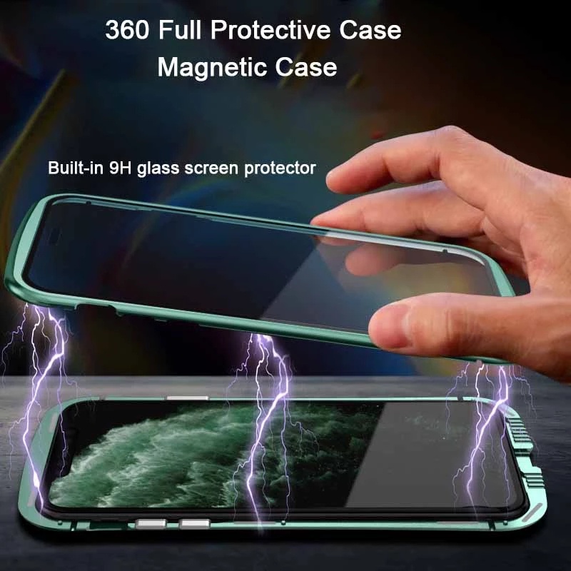 Ốp Điện Thoại Kính Cường Lực Hai Mặt Viền Kim Loại Nam Châm Cho iPhone 14 13 Plus Pro Max