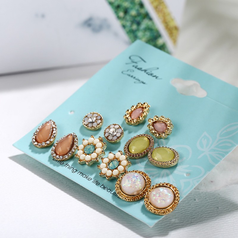 Set 6 bông tai kim loại đính đá phong cách Bô-hem dành cho nữ