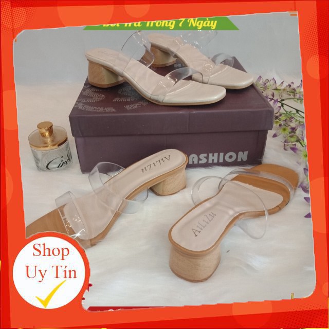 Dép quai trong đế vân gỗ 💝 Sản phẩm cao cấp💝 Dép cao gót mũi vuông , quai ngang trong suốt cao 5cm -Hàng nhập khẩu