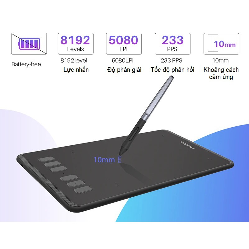 Bảng vẽ đồ họa HUION H640P kèm bút vẽ không cần pin