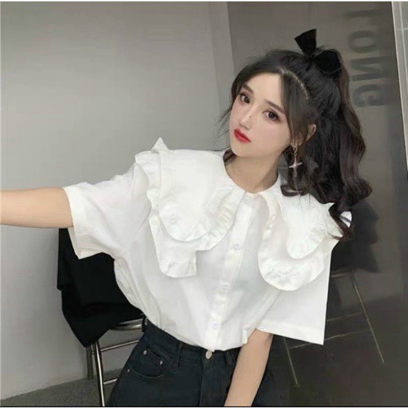 áo sơmi trắng nữ cổ bèo 2 tầng bèo ngắn tay mặc ngày hè A205 Nội Y Xanh hàng đẹp trendy - nội y xanh