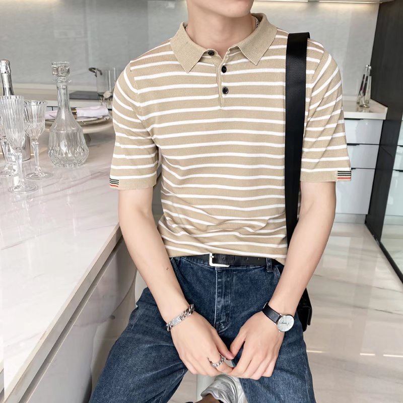 Áo Thun POLO Dệt Kim Thoáng Khí Có Cổ Họa Tiết Sọc Ngang Màu Sắc Retro Thời Trang Mùa Hè Cho Nam