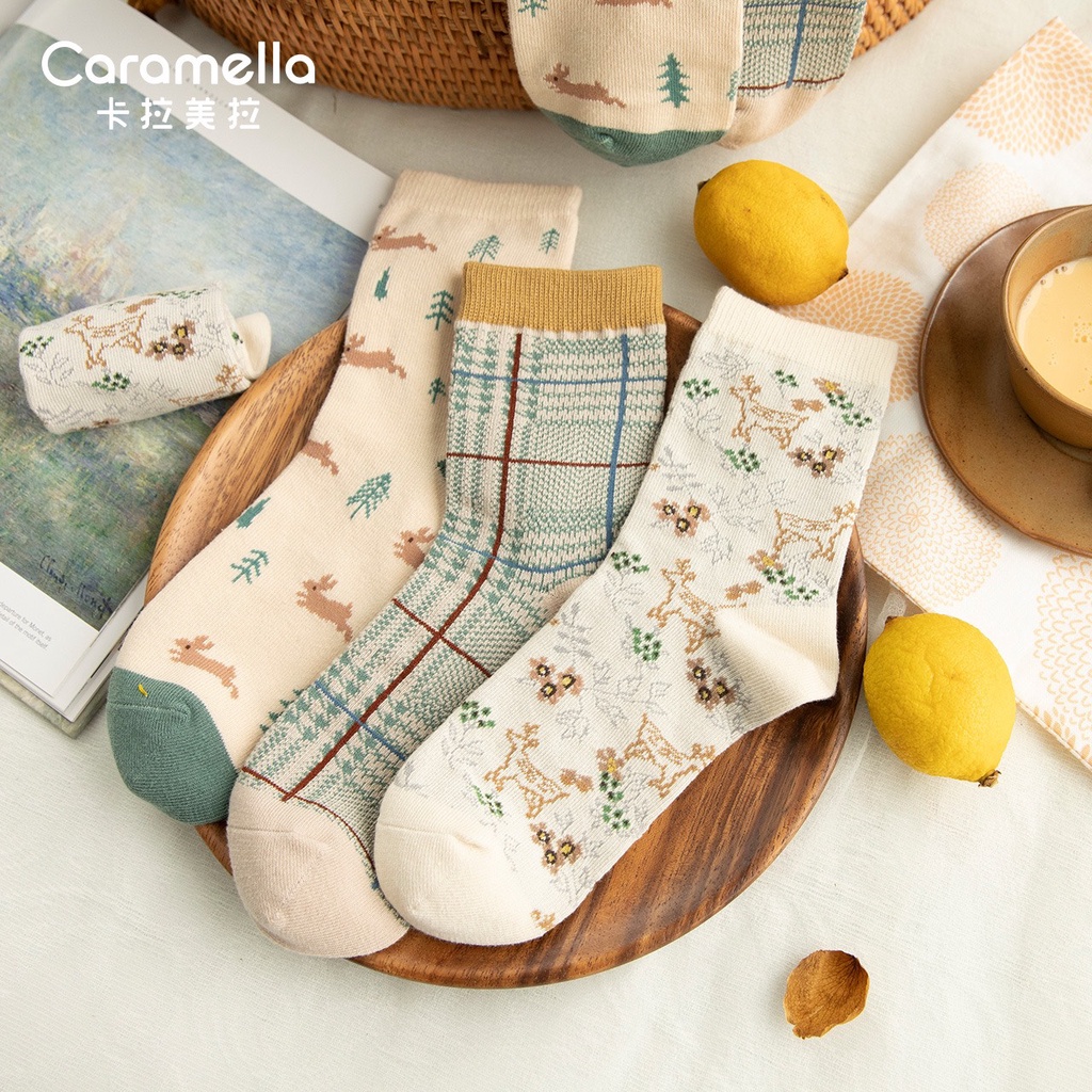 Set 3 đôi tất cổ cao Bivota vớ nữ cotton thu đông họa tiết siêu xinh T103