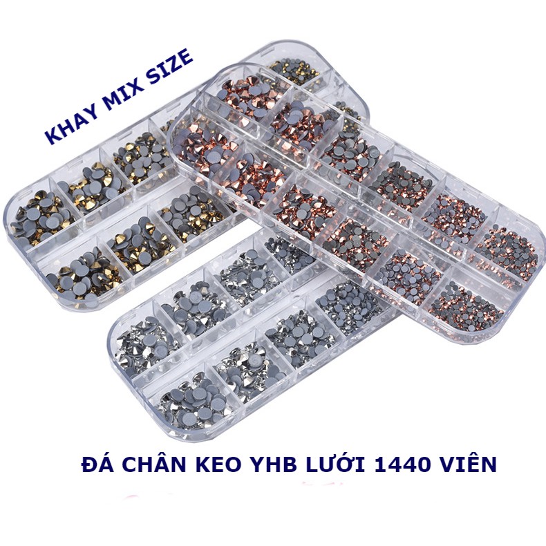 Đá đính móng nail chân keo YHB lưới khay mix size 12 ô 1440 viên, đá nail gắn móng phụ kiện quần áo túi ví siêu sáng