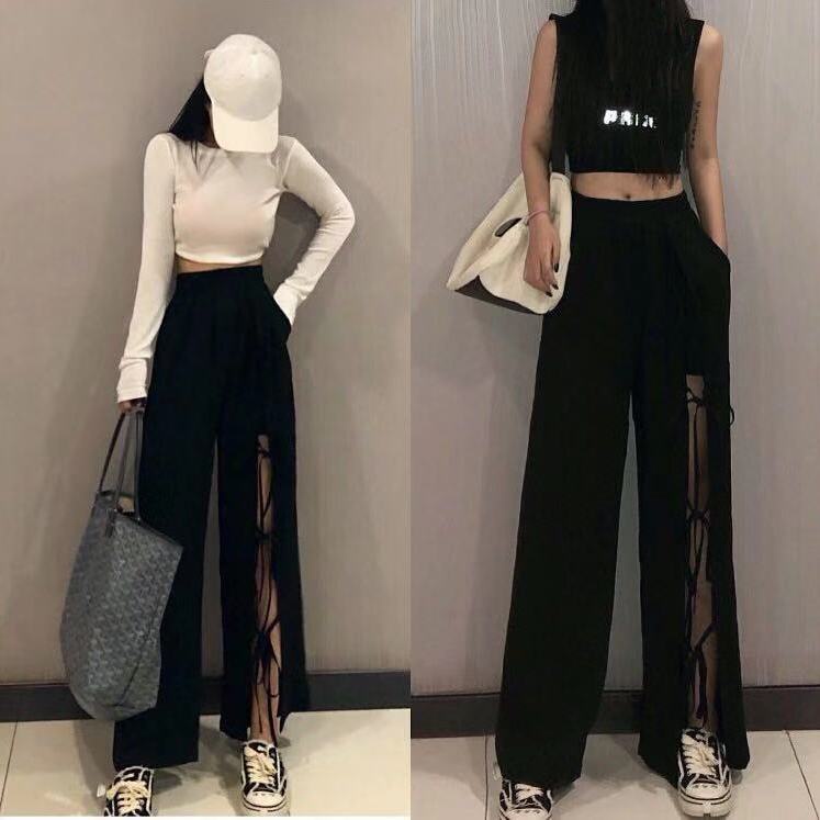 Quần Dài Ống Rộng Màu Trơn Cột Dây Phong Cách Hàn Quốc Thời Trang Cho Nữ
