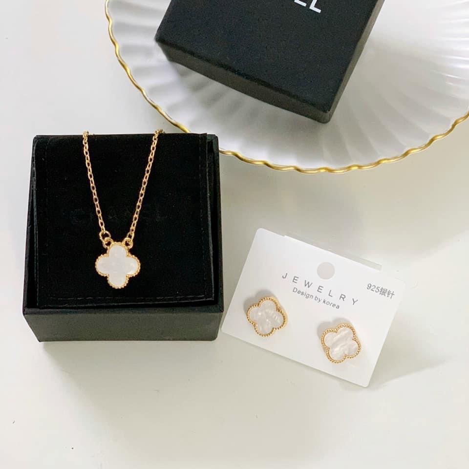 Set 2 món Khuyên tai nữ Dây chuyền titan nữ cỏ bốn lá Van Cleef &amp; Arpels cao cấp Emlux Jewelry Store