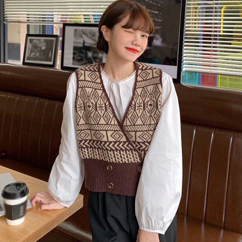 Áo Khoác Cardigan Không Tay Dáng Rộng Cổ Chữ V Cổ Điển Cho Nữ