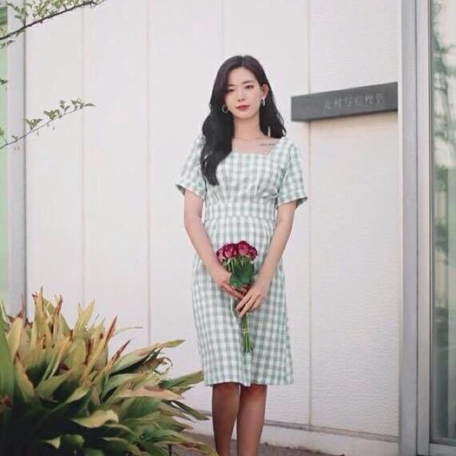 Đầm caro xanh đan dây lưng (kèm hình thật)