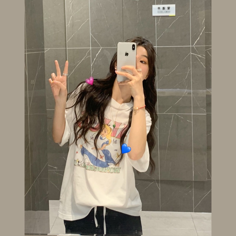 Áo Thun Tay Ngắn Cổ Tròn Dáng Rộng In Họa Tiết Hoạt Hình Thời Trang Cho Nữ