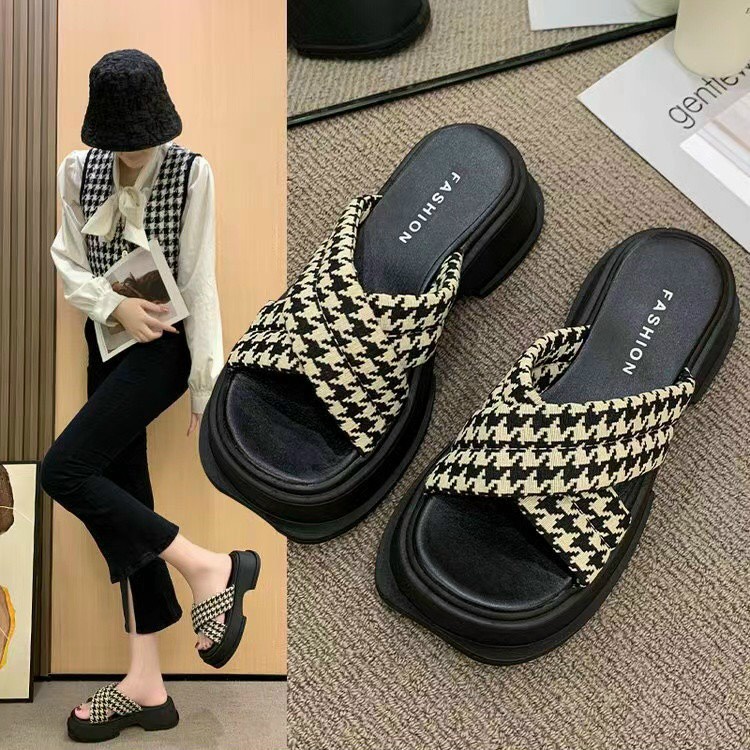 Dép Nữ Dép Lê Dép Đế Cao Quai Chéo Dạ Kẻ (Form to đi lùi size)
