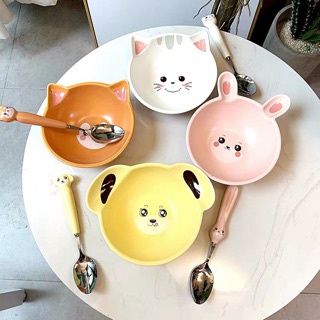 Bát sứ ăn dặm hình thỏ hồng, cún vàng, mèo trắng 15cm