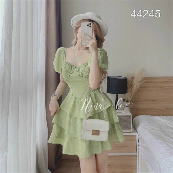 Đầm dự tiệc sang trọng tà váy xếp tầng, đầm công chúa cổ vuông tay phồng cực đẹp