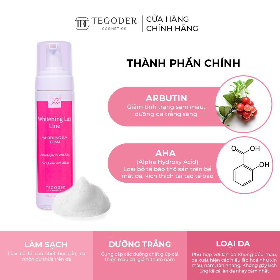 Tẩy da chết dạng bọt chứa nano AHA làm sáng mịn da Tegoder Whitening Lux foam 200 ml mã 4984