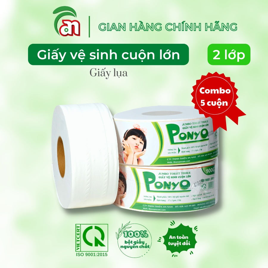 Combo 5 cuộn Giấy vệ sinh cuộn lớn chất lượng cao, tan nhanh, mềm mịn PONYO JB900 2 lớp 900g - Thiên An Nam paper