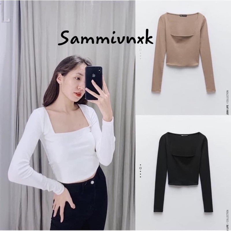 Áo thun zip cổ vuông dài tay nữ🌸Áo croptop tay dài cổ vuông dáng ôm bassic🌸[free ship] | BigBuy360 - bigbuy360.vn