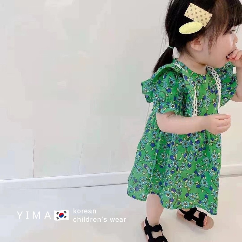 Đầm Hoa Tay Phồng Cổ Tròn Kiểu Hàn Quốc Cho Bé Gái